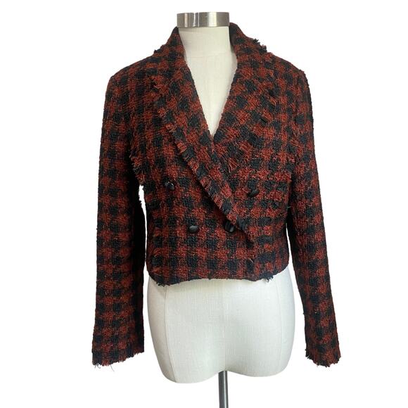House of Harlow 1960 Black & Rust Houndstooth Tweed Cropped Blazer Sz M - Picture 1 of 9
